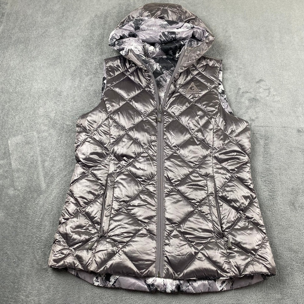 Gerry Women L Duck Down Reversible Puffer Vest Gray Quilted Hooded Zip Packable